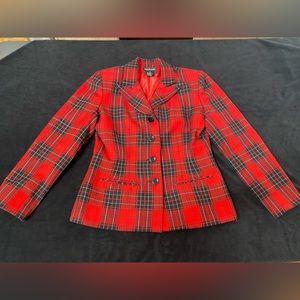 Halston Red Tartan Plaid Wool Blazer Jacket